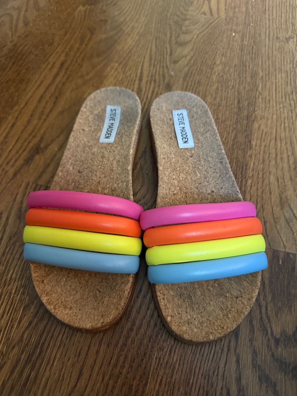 Steve Madden Multicolor Padded Strap Cork Slides - Pink, Orange, Yellow, Blue